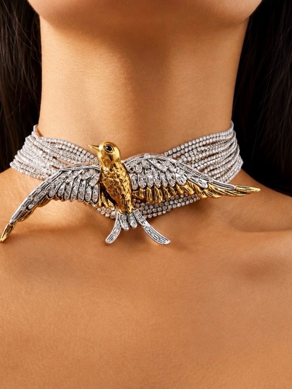 Gold and Silver Crystal Bird Choker Necklace women’s jewelry